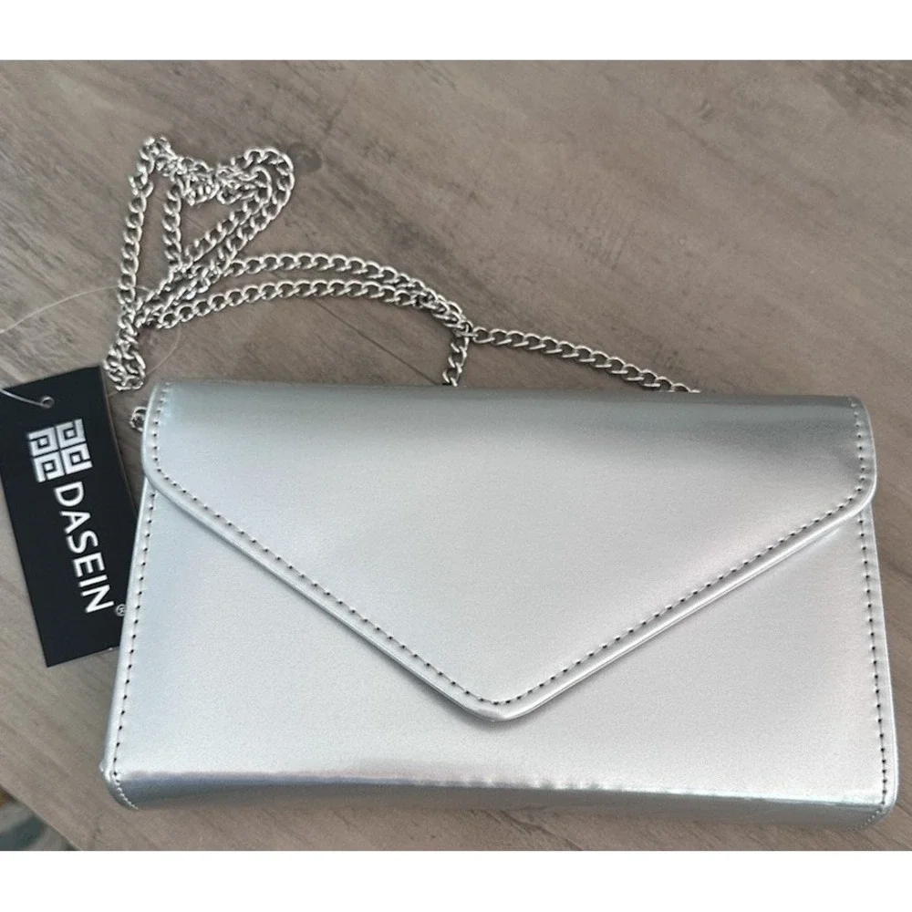 Dasein Women's Crossbody Purse Clutch Envelope Bag Silver Chain Strap Formal New